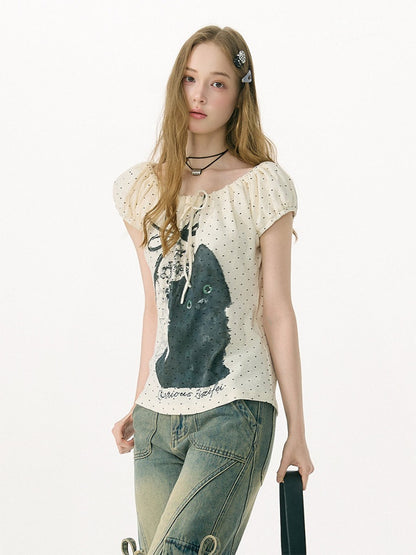 Cat Print Drawstring Puff Sleeve Polka Dot White T-Shirt【s0000017072】
