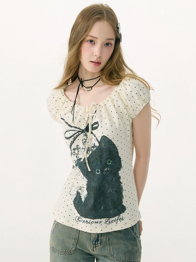 Cat Print Drawstring Puff Sleeve Polka Dot White T-Shirt【s0000017072】