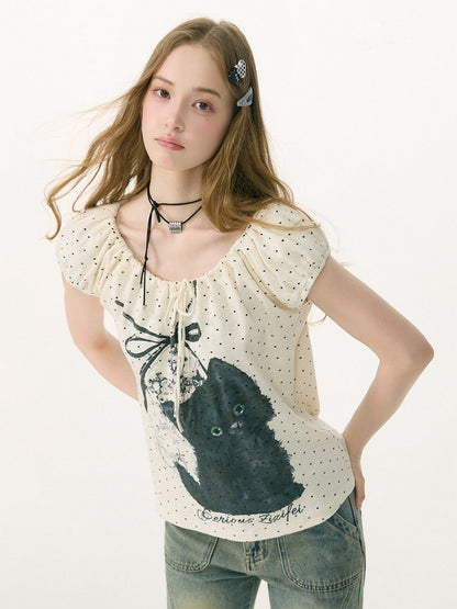 Cat Print Drawstring Puff Sleeve Polka Dot White T-Shirt【s0000017072】
