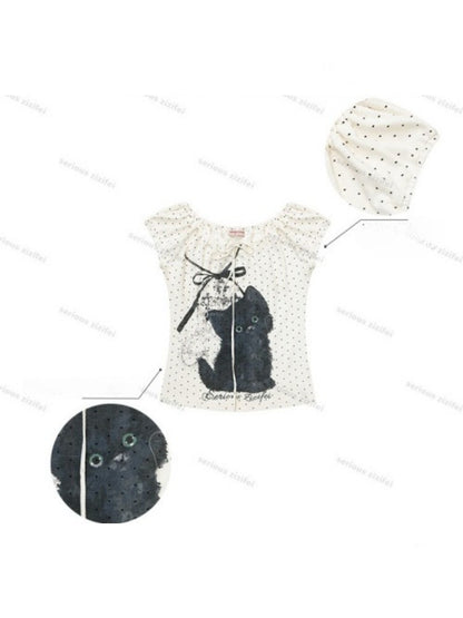 Cat Print Drawstring Puff Sleeve Polka Dot White T-Shirt【s0000017072】