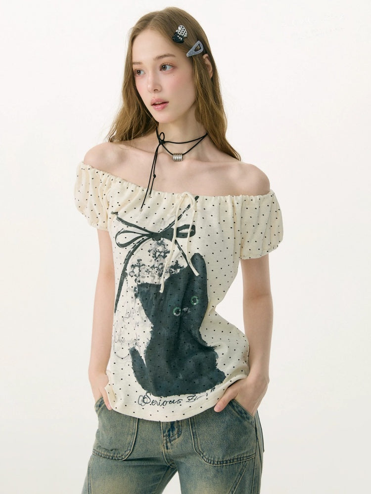 Cat Print Drawstring Puff Sleeve Polka Dot White T-Shirt【s0000017072】