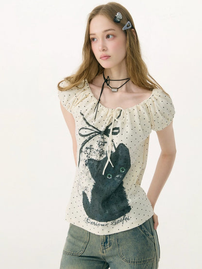 Cat Print Drawstring Puff Sleeve Polka Dot White T-Shirt【s0000017072】