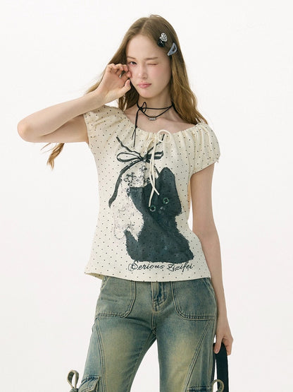 Cat Print Drawstring Puff Sleeve Polka Dot White T-Shirt【s0000017072】