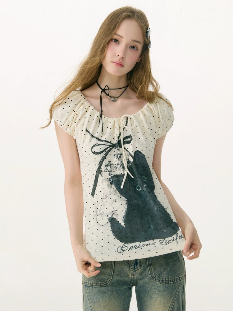 Cat Print Drawstring Puff Sleeve Polka Dot White T-Shirt【s0000017072】