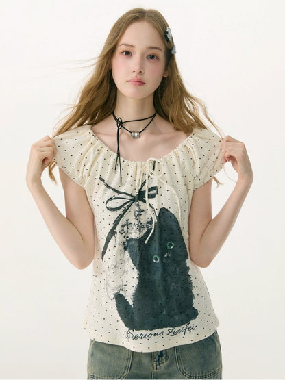 Cat Print Drawstring Puff Sleeve Polka Dot White T-Shirt【s0000017072】
