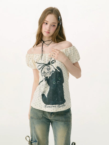 Cat Print Drawstring Puff Sleeve Polka Dot White T-Shirt【s0000017072】