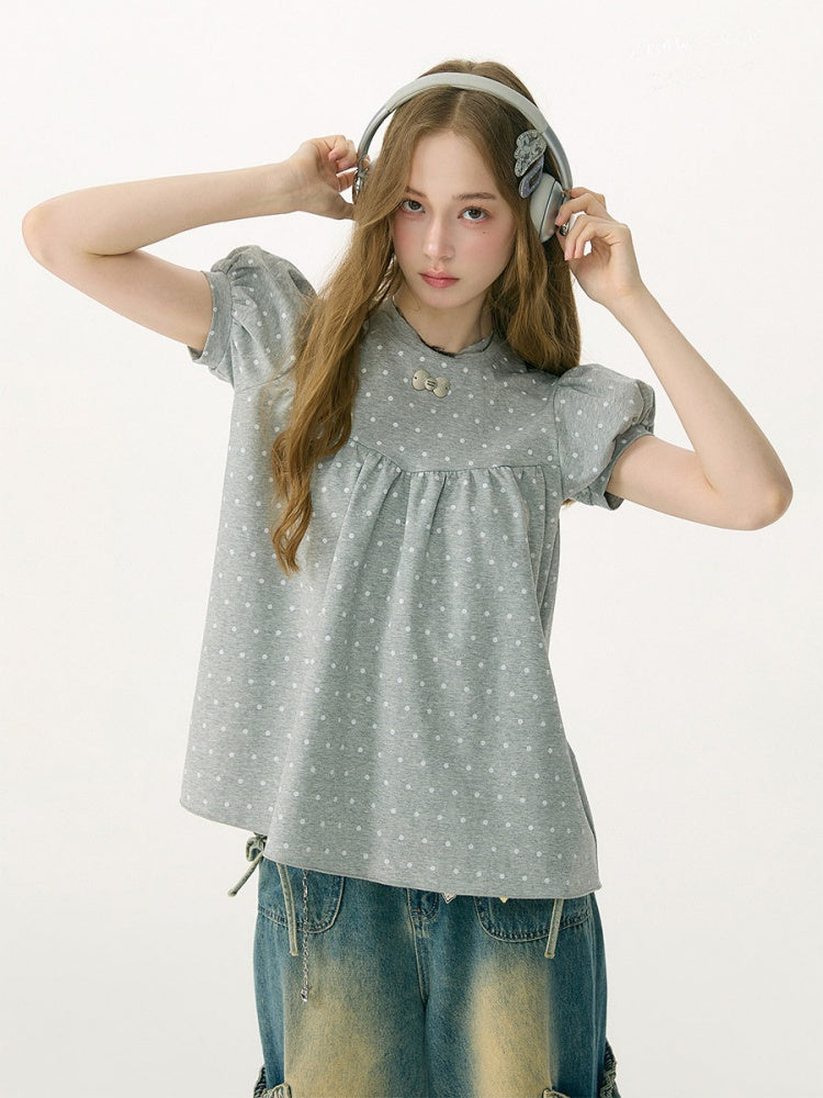 Light-Gray Polka Dot Puff Sleeve T-Shirt 【s0000017073】