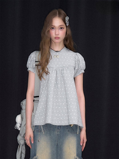 Light-Gray Polka Dot Puff Sleeve T-Shirt 【s0000017073】