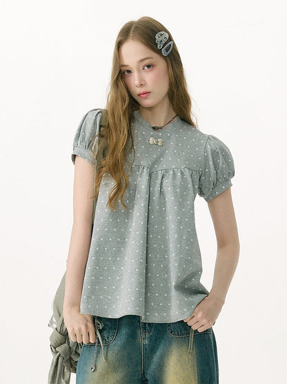 Light-Gray Polka Dot Puff Sleeve T-Shirt 【s0000017073】