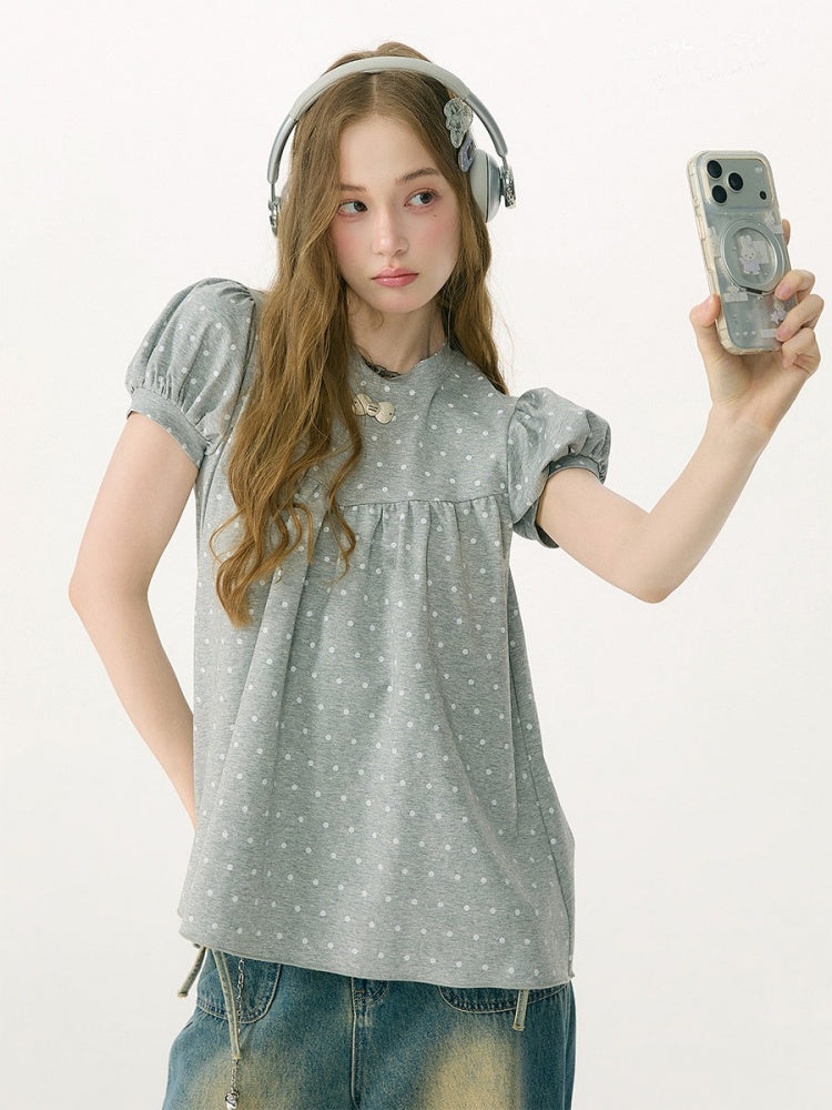 Light-Gray Polka Dot Puff Sleeve T-Shirt 【s0000017073】