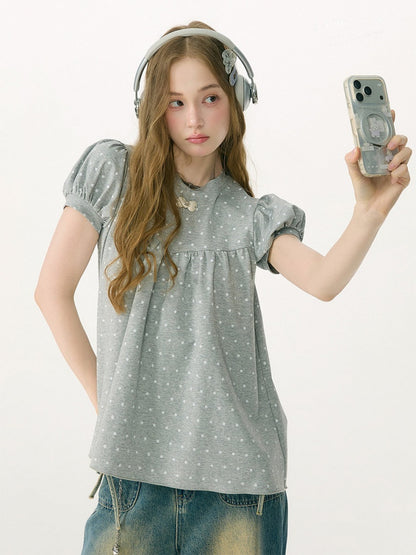 Light-Gray Polka Dot Puff Sleeve T-Shirt 【s0000017073】