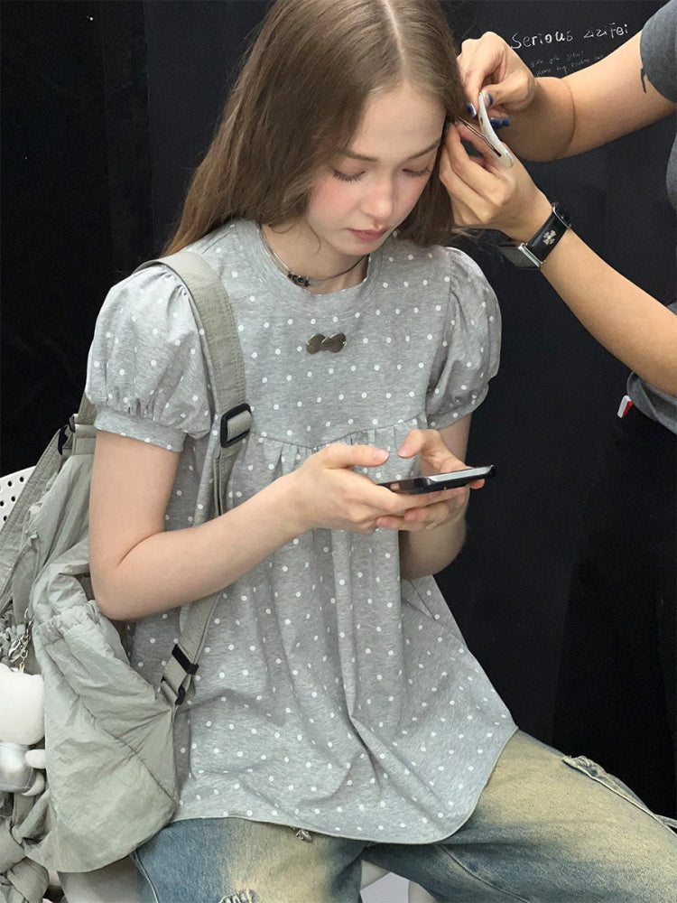 Light-Gray Polka Dot Puff Sleeve T-Shirt 【s0000017073】