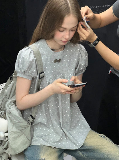 Light-Gray Polka Dot Puff Sleeve T-Shirt 【s0000017073】