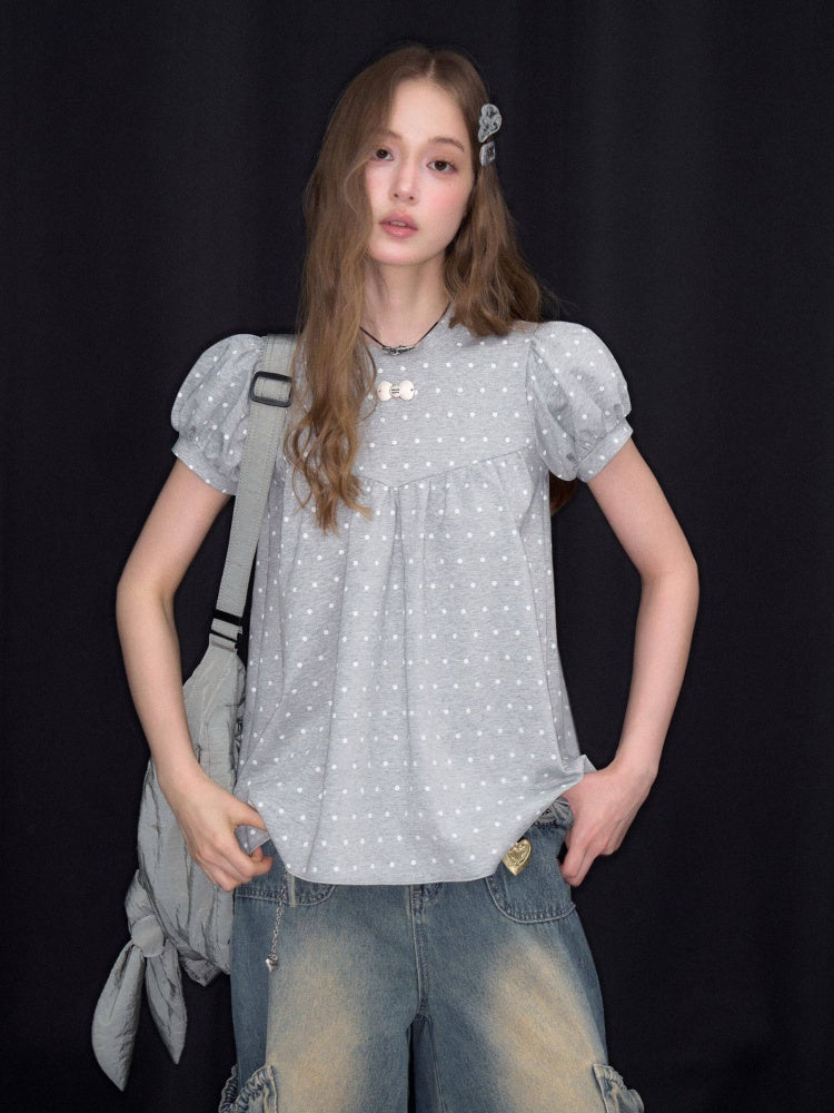 Light-Gray Polka Dot Puff Sleeve T-Shirt 【s0000017073】