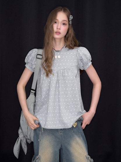 Light-Gray Polka Dot Puff Sleeve T-Shirt 【s0000017073】