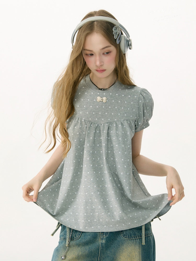 Light-Gray Polka Dot Puff Sleeve T-Shirt 【s0000017073】