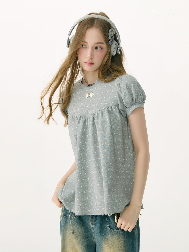 Light-Gray Polka Dot Puff Sleeve T-Shirt 【s0000017073】