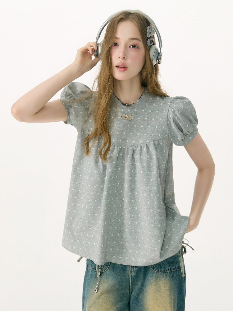 Light-Gray Polka Dot Puff Sleeve T-Shirt 【s0000017073】