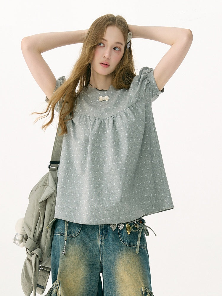 Light-Gray Polka Dot Puff Sleeve T-Shirt 【s0000017073】
