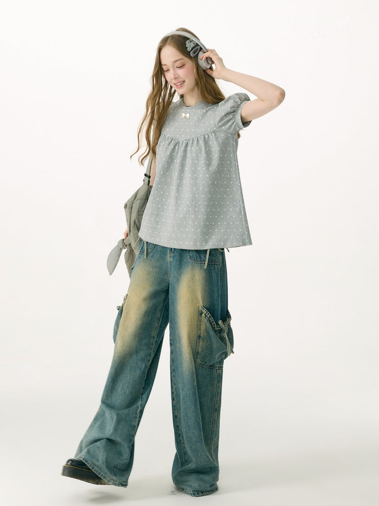 Light-Gray Polka Dot Puff Sleeve T-Shirt 【s0000017073】