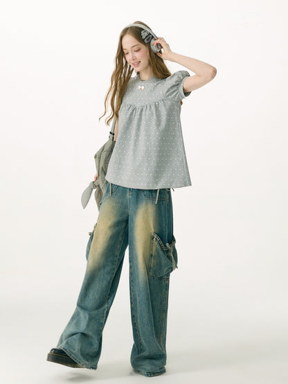 Light-Gray Polka Dot Puff Sleeve T-Shirt 【s0000017073】