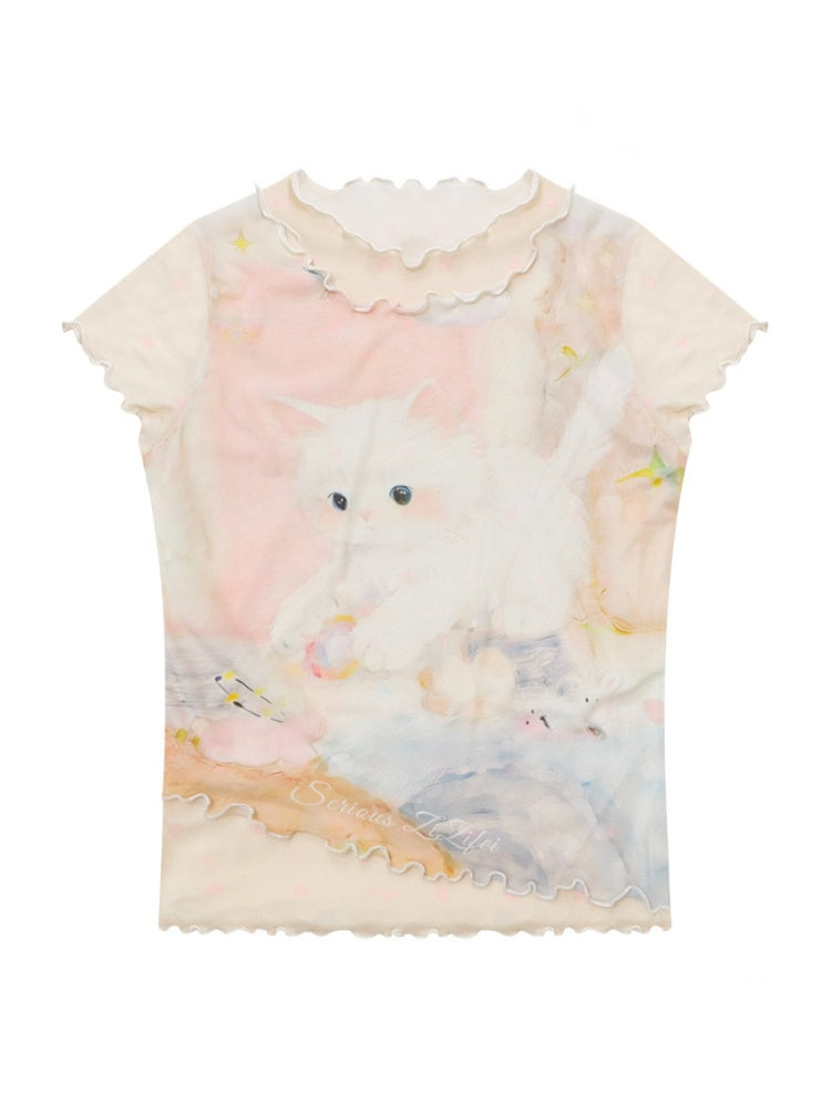 Cat Print Girlish Lettuce Trim Mesh Short-Sleeved T-Shirt【s0000017074】