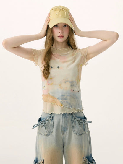Cat Print Girlish Lettuce Trim Mesh Short-Sleeved T-Shirt【s0000017074】