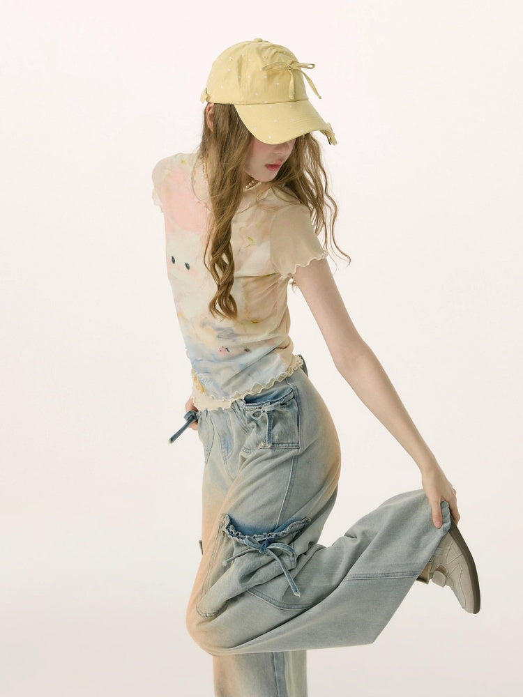 Cat Print Girlish Lettuce Trim Mesh Short-Sleeved T-Shirt【s0000017074】