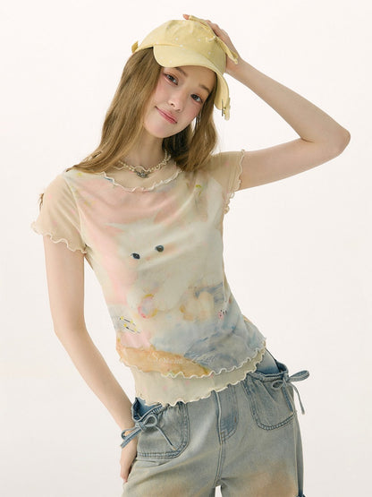 Cat Print Girlish Lettuce Trim Mesh Short-Sleeved T-Shirt【s0000017074】