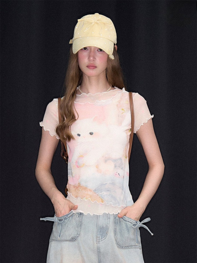 Cat Print Girlish Lettuce Trim Mesh Short-Sleeved T-Shirt【s0000017074】