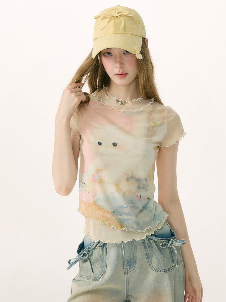 Cat Print Girlish Lettuce Trim Mesh Short-Sleeved T-Shirt【s0000017074】