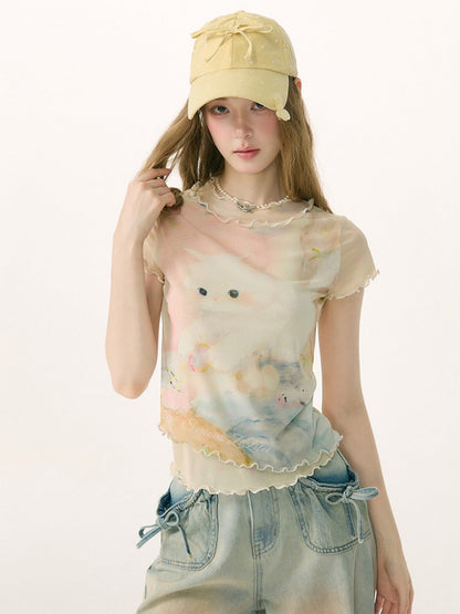 Cat Print Girlish Lettuce Trim Mesh Short-Sleeved T-Shirt【s0000017074】