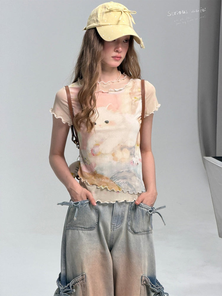 Cat Print Girlish Lettuce Trim Mesh Short-Sleeved T-Shirt【s0000017074】