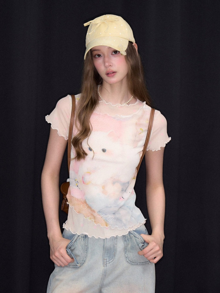 Cat Print Girlish Lettuce Trim Mesh Short-Sleeved T-Shirt【s0000017074】