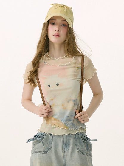 Cat Print Girlish Lettuce Trim Mesh Short-Sleeved T-Shirt【s0000017074】