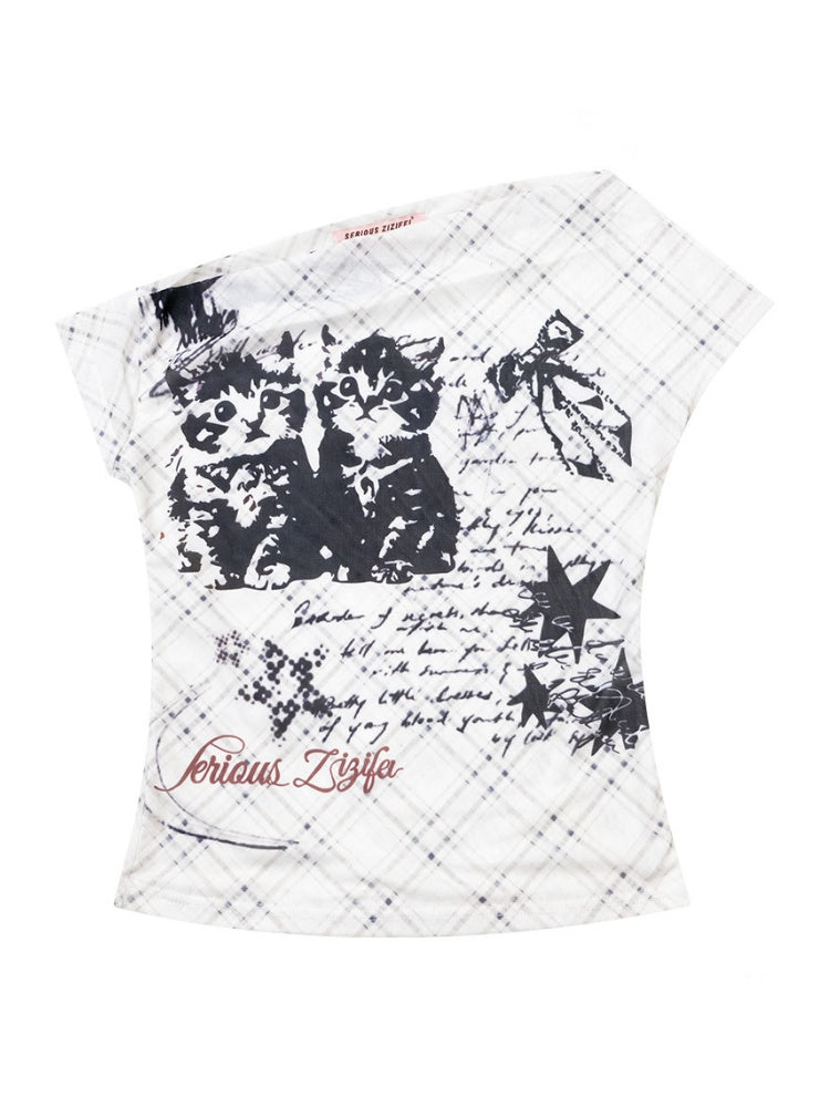 Cat Plaid Graffiti Mesh Off-Shoulder Slim Short-Sleeved T-Shirt【s0000017075】