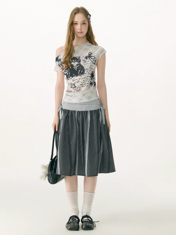 Cat Plaid Graffiti Mesh Off-Shoulder Slim Short-Sleeved T-Shirt【s0000017075】