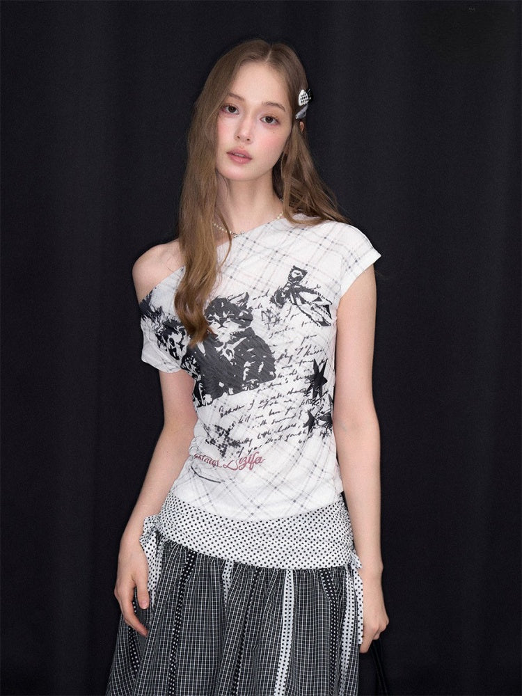 Cat Plaid Graffiti Mesh Off-Shoulder Slim Short-Sleeved T-Shirt【s0000017075】
