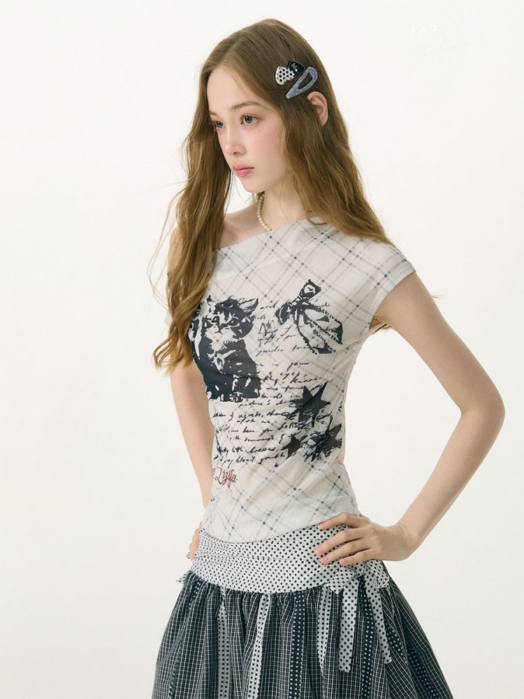 Cat Plaid Graffiti Mesh Off-Shoulder Slim Short-Sleeved T-Shirt【s0000017075】