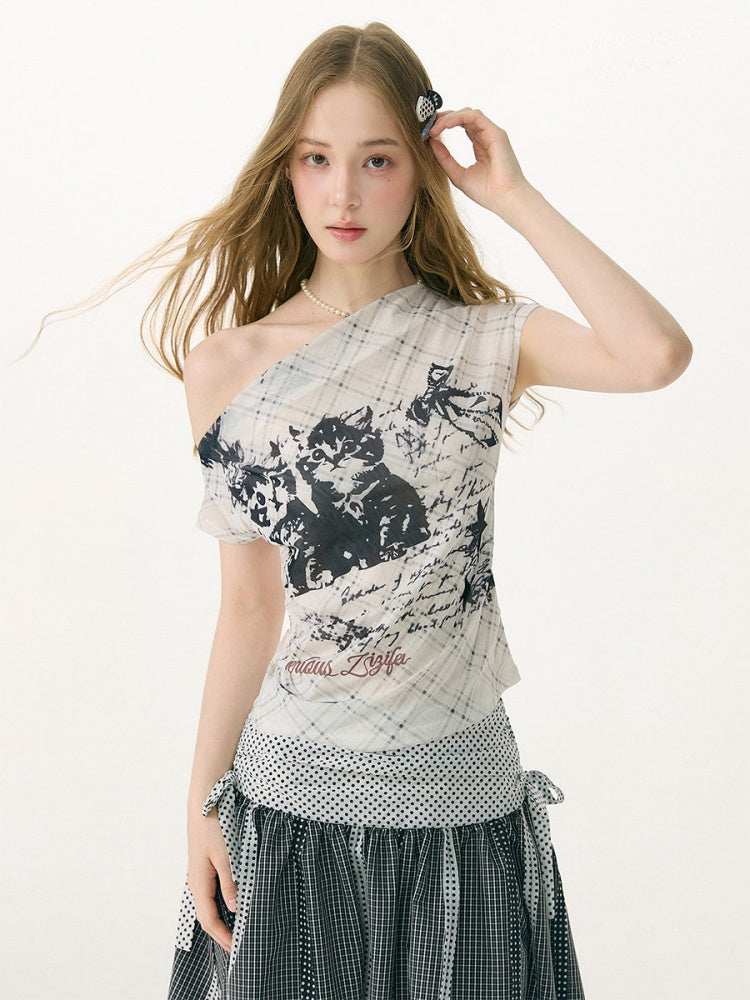 Cat Plaid Graffiti Mesh Off-Shoulder Slim Short-Sleeved T-Shirt【s0000017075】