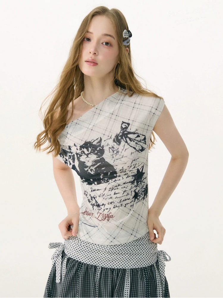 Cat Plaid Graffiti Mesh Off-Shoulder Slim Short-Sleeved T-Shirt【s0000017075】