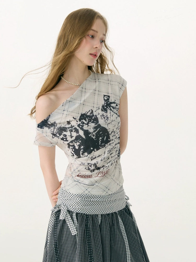 Cat Plaid Graffiti Mesh Off-Shoulder Slim Short-Sleeved T-Shirt【s0000017075】