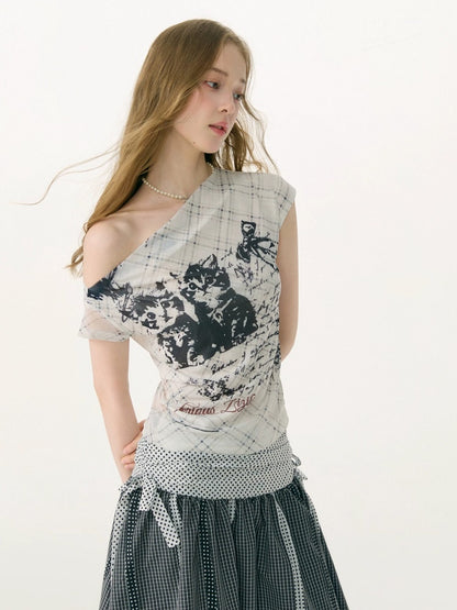 Cat Plaid Graffiti Mesh Off-Shoulder Slim Short-Sleeved T-Shirt【s0000017075】
