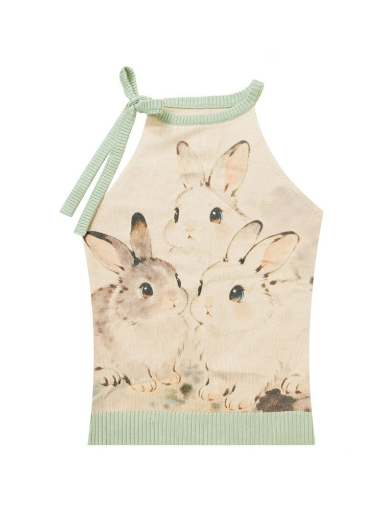 Ink Cute Rabbit Mint Green Contrast Knitted Halter-Neck Vest【s0000017076】