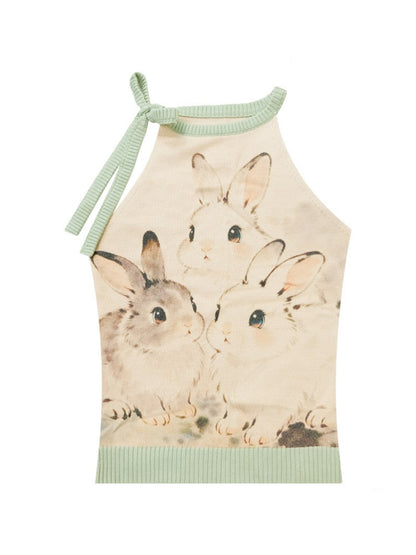 Ink Cute Rabbit Mint Green Contrast Knitted Halter-Neck Vest【s0000017076】