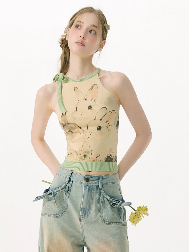Ink Cute Rabbit Mint Green Contrast Knitted Halter-Neck Vest【s0000017076】