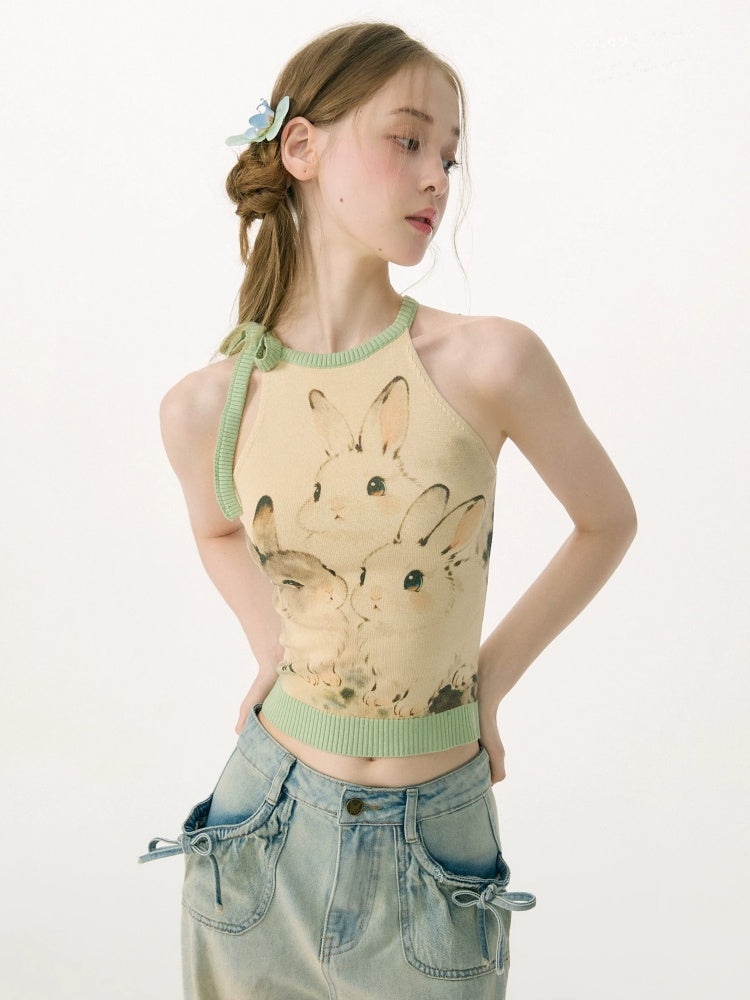 Ink Cute Rabbit Mint Green Contrast Knitted Halter-Neck Vest【s0000017076】