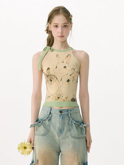 Ink Cute Rabbit Mint Green Contrast Knitted Halter-Neck Vest【s0000017076】