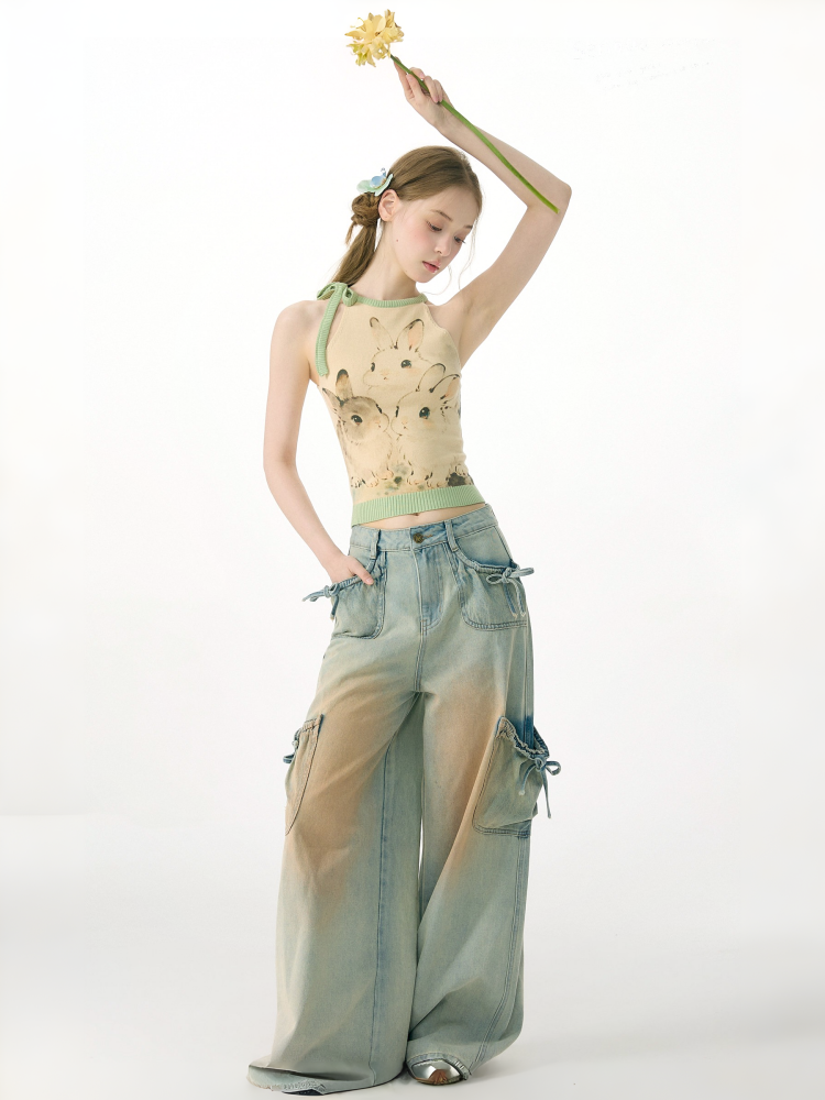 Ink Cute Rabbit Mint Green Contrast Knitted Halter-Neck Vest【s0000017076】