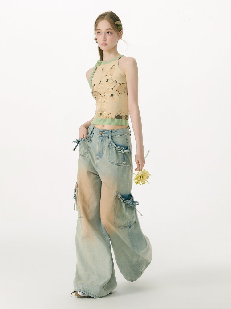 Ink Cute Rabbit Mint Green Contrast Knitted Halter-Neck Vest【s0000017076】